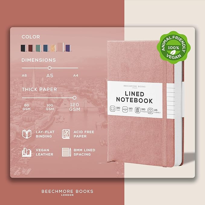 BEECHMORE BOOKS Lined Journal Notebook, 5.8 x 8.3 inch, A5 160 Lined Pages, Hardcover Leather Journals for Women, Men, Writing and Notebooks for Work - 120 GSM Thick Paper, Gifts Box Included-DeskLoop Office