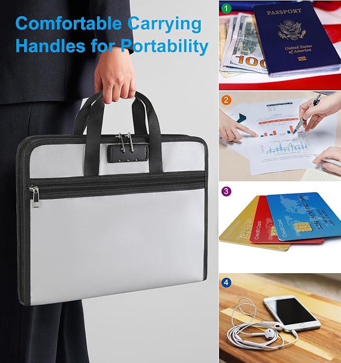 Accordion File Organizer with Lock, Fireproof, Letter/A4-Size Expanding File Folder with Tabs, 13 Pockets Important Document Organizer with Handle, Portable Paperwork Business Organizer, Silver-DeskLoop Office