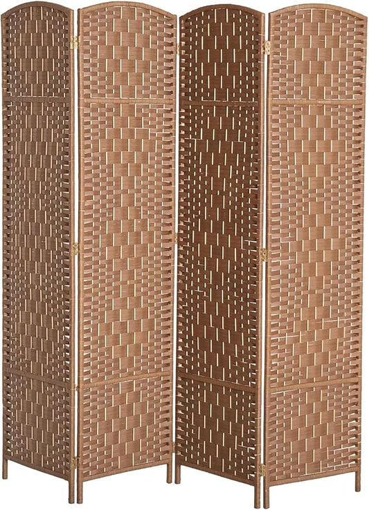 HOMCOM Room Divider 4 Panels Folding Privacy Screen 6FT Tall Portable Wicker Weave Partition Wall Divider for Bedroom Home Office, Natural Wood-DeskLoop Office