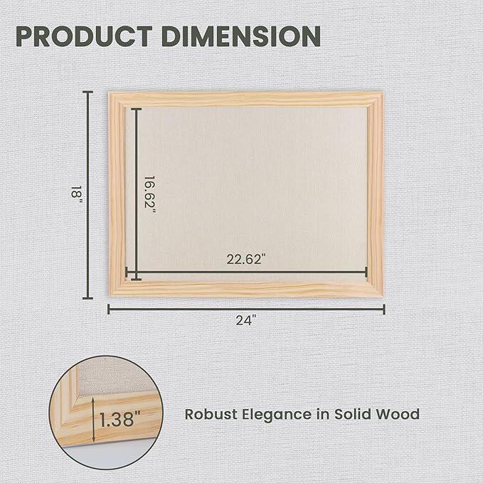Bulletin Board Cork Board with Linen, 100% Wood Framed 18" x 24" Bulletin Board Decorations, Pin Boards for Walls, Wall Mounted Fabric Picture Board with 10 Pushpins for School, Home & Office, Natural-DeskLoop Office