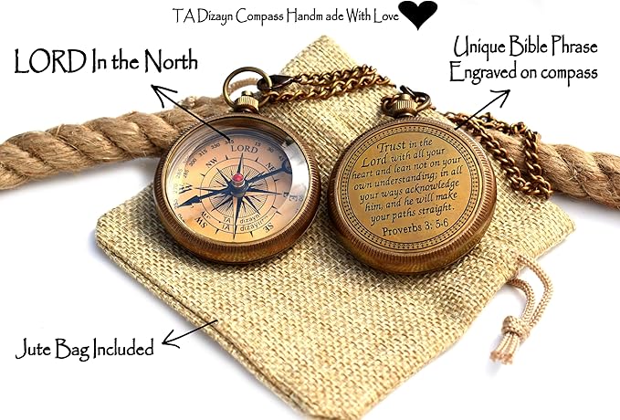 Trust in The Lord With All Your Heart - Proverbs 3:5-6 Quote Engraved Compass With Wooden Box, Greeting Card, Gift Compass, Graduation Day Gifts 2024 for Women Men Boys Girls-DeskLoop Office