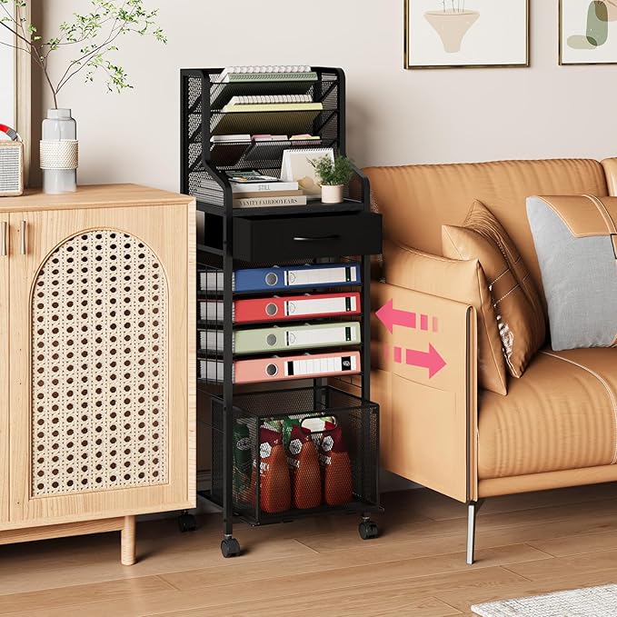 SWTYMIKI 10-Tier Rolling File Cart - Mesh Paper Organizer with Drawer and Hanging File Folders on Lockable Wheels, Wood Teacher Cart for Office Organization, Storage in Home, Studio, School (Black)-DeskLoop Office