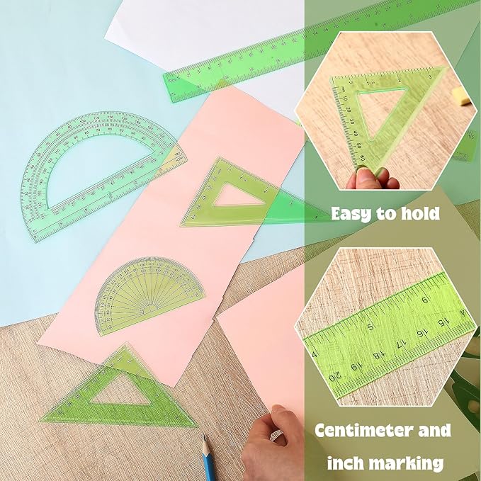 Zonon 1 Set Plastic Geometry Math Set Includes Drawing Compass, 6 Inch 4 Inch Protractor, 45/60 Degree Triangle Rulers 12 Inch 6 Inch Math Ruler Transparent for Office Supplies(Green)-DeskLoop Office
