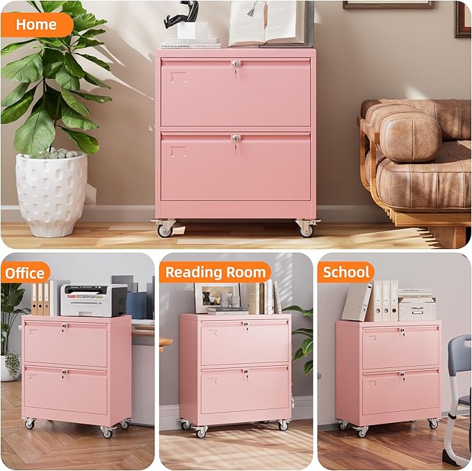 Aobabo Metal 2 Drawer Lateral File Mobile Cabinet with 2 Lock, File Cabinet with Wheels and Adjustable File Bars for Office, Home, for Letter/Legal Size, Pink, Assembly Required-DeskLoop Office