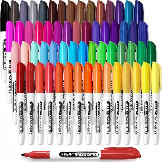SFAIH 60 Colors Permanent Markers - Assorted Vibrant Colors, Quick Drying, Fade Resistant, Fine Point Permanent Markers for Teacher And Classroom Supplies, Art Supplies, Coloring, Drawing Doodling-DeskLoop Office