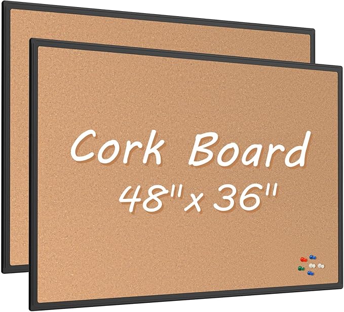 Board2by 2-Pack Cork Board Bulletin Board 48 x 36, Black Aluminium Framed 4x3 Corkboard, Office Board for Wall Cork, Large Wall Mounted Notice Pin Board with 18 Push Pins for School, Home & Office-DeskLoop Office