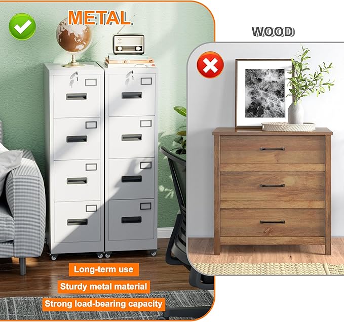 Aobabo 56" H 4 Drawer Moblie Office File Cabinet with Lock, Rolling Metal Filing Storage Cabinet, Legal/Letter A4 Size, White, Assembly Required-DeskLoop Office