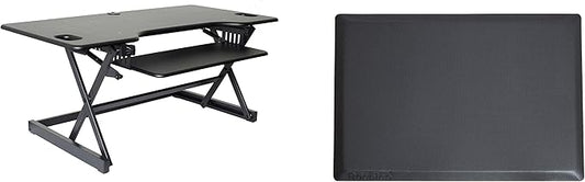 Rocelco 46" Large Height Adjustable Standing Desk Converter with Anti Fatigue Mat BUNDLE - Quick Sit Stand Up Triple Monitor Riser - Retractable Keyboard Tray - Black (R DADRB-46-MAFM)-DeskLoop Office