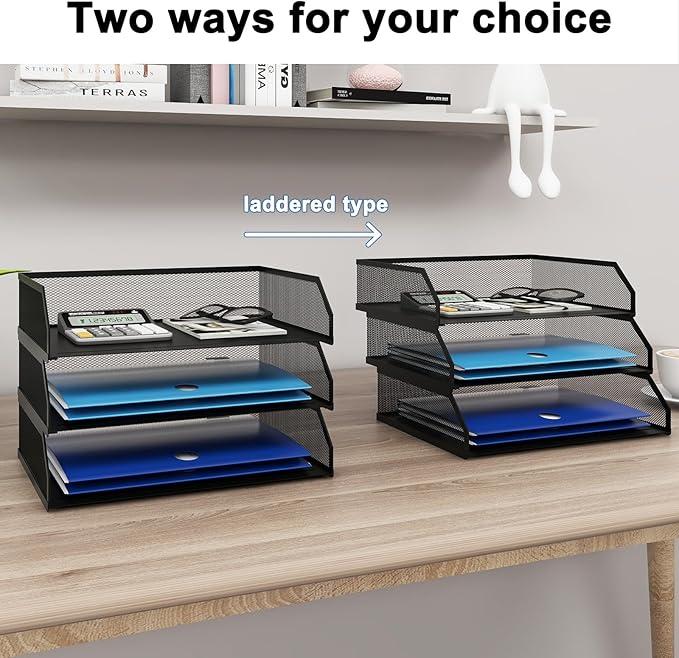 Natwind 3-Tier Stackable Paper Tray, Metal Mesh Desktop Organizer, A4 Desk Organizer, Stackable Letter Trays, File Folder Sorter Organizer with Sliding Tray for Home, Office, School (Black)-DeskLoop Office