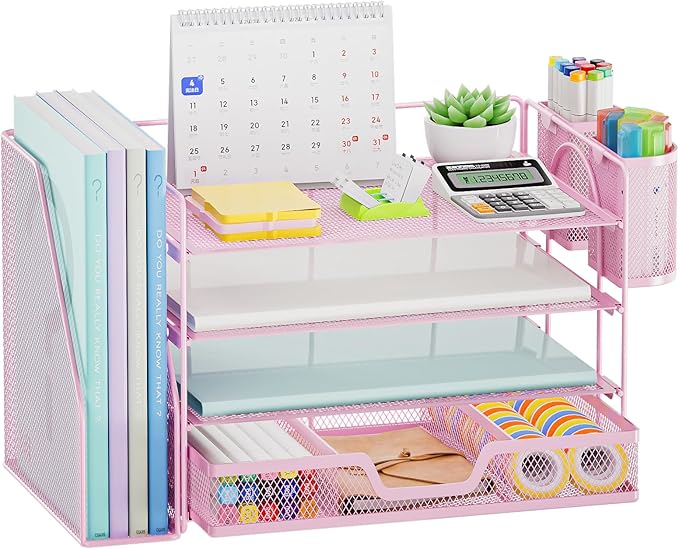 Marbrasse Desk Organizer and Accessories,4-Tier Paper Letter Tray Organizer with File Holder, Workspace Desk Organizers Accessories with Drawer and 2 Pen Holder (Pink, 15.4" x 9.1" x 8.3")-DeskLoop Office