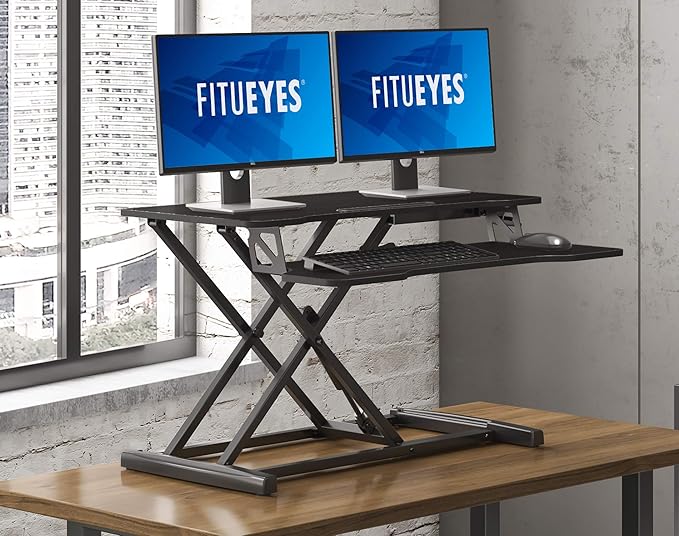 FITUEYES Height Adjustable Standing Desk 32” Wide Sit to Stand Converter Stand Up Desk Tabletop Workstation for Dual Monitor Riser FSD308001WB-DeskLoop Office