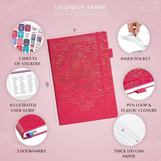 Legend Planner PRO – Deluxe Weekly & Monthly Life Planner to Increase Productivity and Hit Your Goals. Time Management Organizer Notebook – Undated – 7 x 10" Hardcover + Stickers – Hot Pink-DeskLoop Office