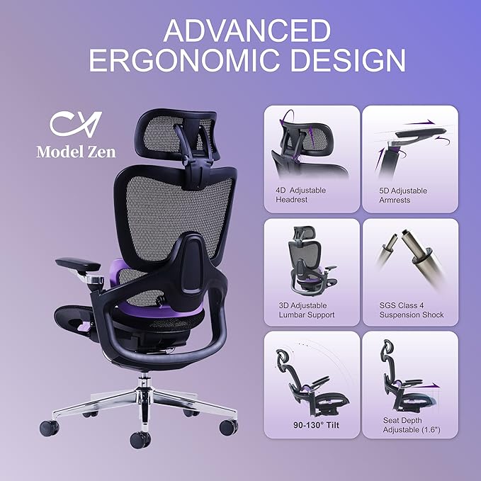 Ergonomic Office Chair, Mesh Home Office Desk Chair with Adjustable Lumbar Support, Big and Tall Gaming Chair with 4D Headrest, 5D Armrest,90-130°Tilt, BIFMA Certified, Model Zen (Purple)-DeskLoop Office