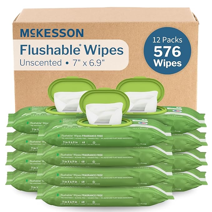 McKesson Flushable* Adult Wet Wipes – 576 Wipes (12 Pack of 48) – Aloe & Vitamin E, Plant-Based Cleansing Wipes, Unscented-DeskLoop Office