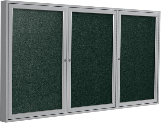 Ghent 36"x72" 3-Door Outdoor Enclosed Vinyl Bulletin Board, Shatter Resistant, with Lock, Satin Aluminum Frame - Ebony (PA33672VX-183), Made in the USA-DeskLoop Office