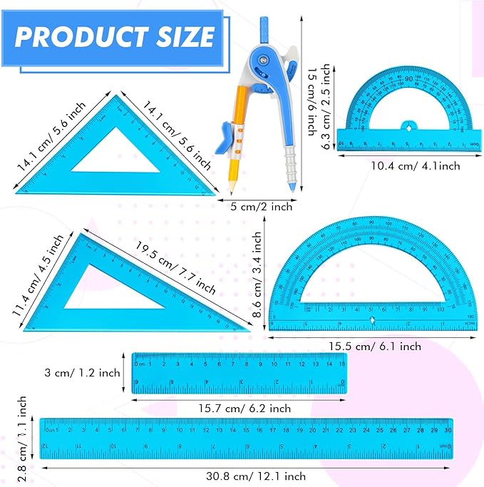Zonon 1 Set Plastic Geometry Math Set 7 Pcs Includes 6'' / 4 '' Protractor, Drawing Compass, 45/60 Degree Triangle Rulers, 12'' / 6'' Math Ruler Transparent for Office Supplies(Blue)-DeskLoop Office