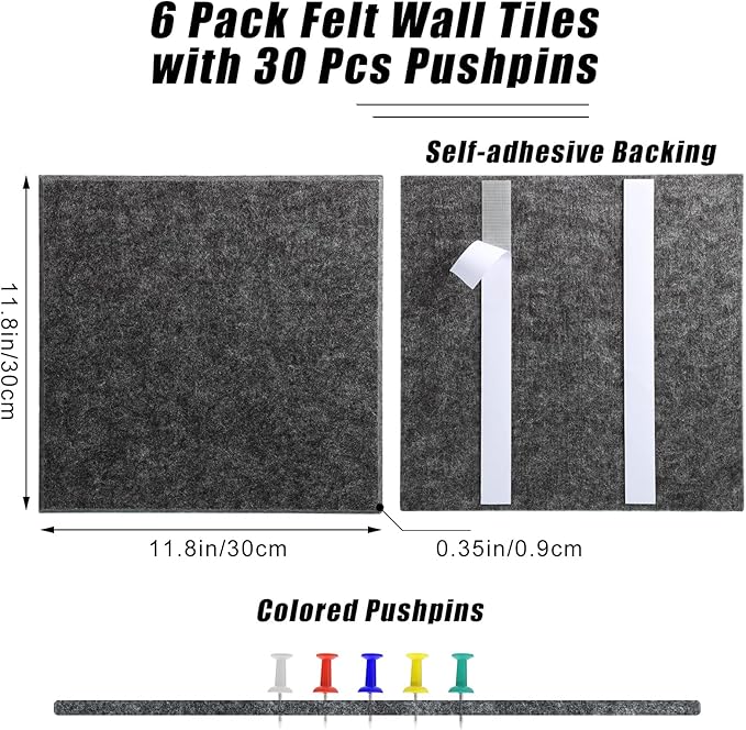 Large Cork Board 36" x 24", 6 Pack Felt Wall Tiles with 30 Pcs Pushpins, Bulletin Board with Removable Self-Adhesive Strips, Pin Boards Cork Boards for Walls Office Home Classroom Decor-Dark Gray-DeskLoop Office