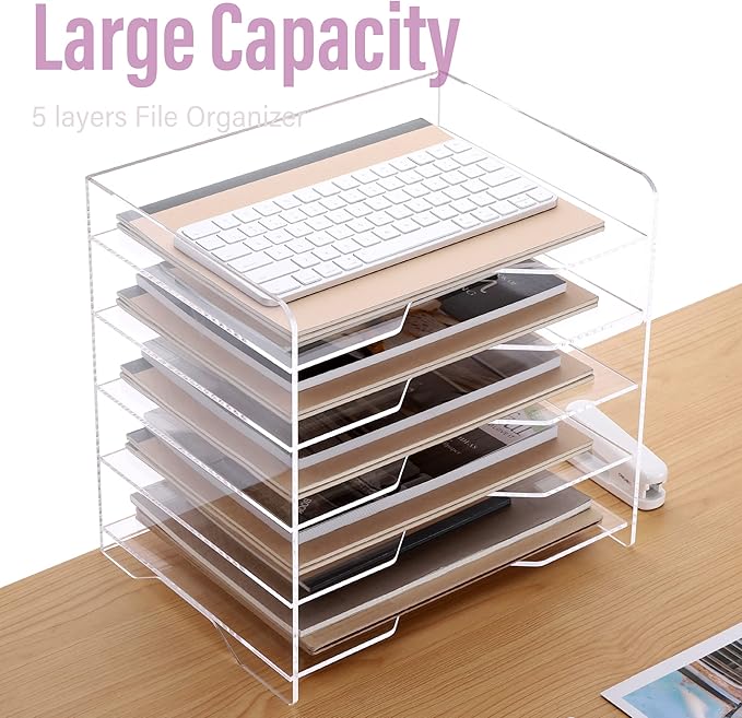 SANRUI Acrylic Paper Organizer Letter Tray for Desk, 5 Tier Enlarged File Sorter,Clear File Holder Desktop Shelf Document Storage for School Office Home-DeskLoop Office