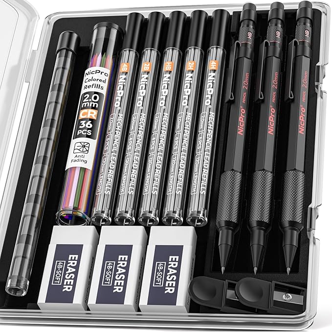 Nicpro 3 Pack 2mm Mechanical Pencils Set with Case, 33 Graphite Lead Refills (4B 2B HB 2H 4H), 36 Colored Lead, Erasers -Weatherproof Metal Barrel, Heavy Duty Carpenter Pencil For Drawing Sketching-DeskLoop Office