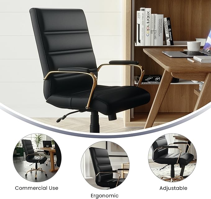 Flash Furniture Whitney Mid-Back Swivel LeatherSoft Desk Chair with Wheels, Padded Seat and Armrests, Adjustable Height Padded Office Chair, Black-DeskLoop Office