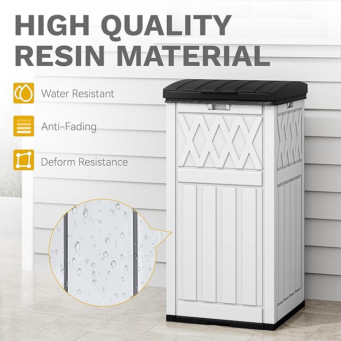 DWVO 36-Gallon Outdoor Trash Can with Fabric Bag, Tiered Lid & Drip Tray, Waterproof Resin Garbage Bin for Patio, Deck, and Backyard, White & Black-DeskLoop Office