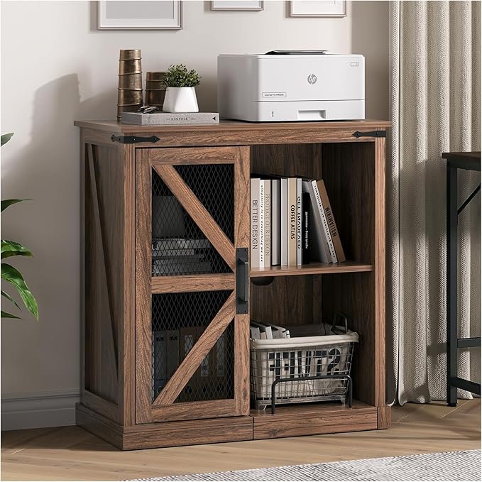 Printer Stand with Storage,File Cabinet with Socket and USB Charging Port,Farmhouse Paper Shredder Stand Rack with Slide-Out Shelf,Walnut-DeskLoop Office