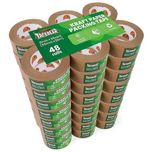 Eco-Friendly Kraft Paper Tape, Biodegradable Heavy Duty Packing Tape 2Inch x 55Yard, Recyclable Packaging Tape Self Adhesive Box Tape for Shipping, Sealing, Moving & Masking, 48Rolls-DeskLoop Office