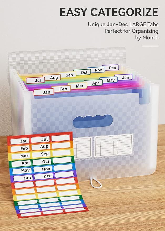 ABC life 12 Pockets Accordion File Organizer Expanding File Folders, Portable Monthly Bill Receipt Document Organizer, Expandable Accordian Filing Folder Letter A4 Size, Colored Tabs (Blue)-DeskLoop Office