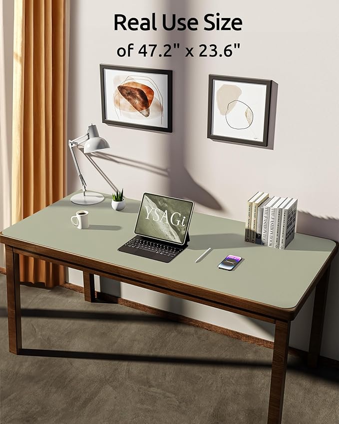 YSAGi Leather Desk Protector, Office Mat, Large Mouse Mat, Non-Slip PU Leather Blotter, Laptop Pad, Waterproof Writing Pad for Office and Home (Sage Green, 47.2" x 23.21")
