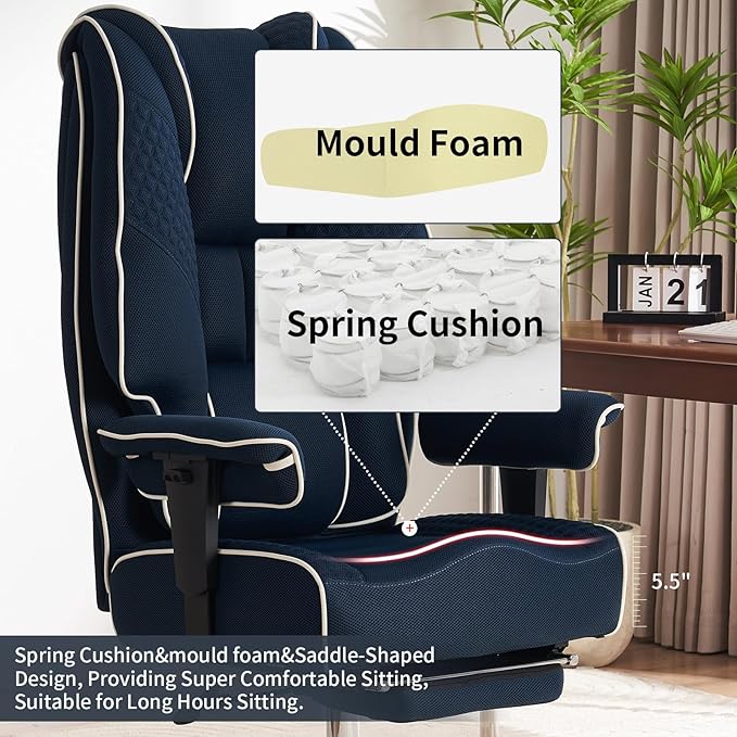 Big and Tall Office Chair 400lbs Wide Seat, Leather High Back Executive Office Chair with Foot Rest, Ergonomic Chairs Lumbar Support for Lower Back Pain Relief (Mesh Dark Blue)-DeskLoop Office