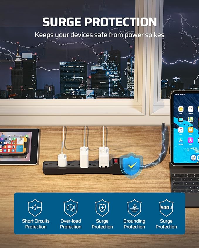 DEWENWILS 6-Outlet Power Strip Surge Protector, 15FT Long Extension Cord, Low Profile Flat Plug, 15 Amp Circuit Breaker, 500 Joules, Wall Mount, Black, UL Listed-DeskLoop Office