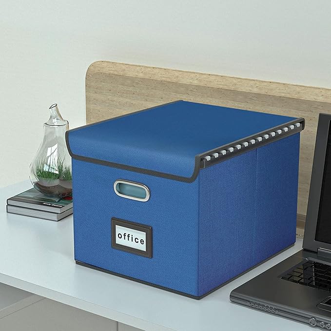 Huolewa Decorative File Organizer Boxes Office Document Storage with Lids, Portable Collapsible Linen Hanging Filing & Storage Boxes for Office/Decor/Home (Royal Blue) -14.9 x 12.7 x 10.8 inch -2 Pack-DeskLoop Office