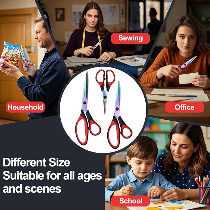 Craft Scissors Set of 3 Pack, All Purpose Sharp Titanium Blades Shears, Comfort Grip Handle, Multipurpose Fabric Scissors Tool Great for Adults, Office, Sewing, School and Home Supplies, Red&Black-DeskLoop Office