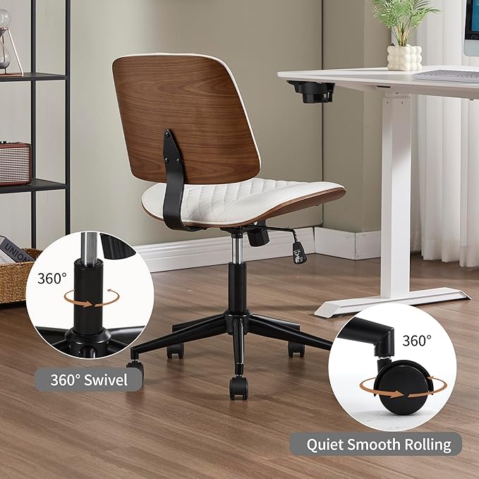 Small Home Office Chair - Armless Mid Back Desk Chair with 360° Swivel and Wheels, PU Upholstered Height Adjustable Modern Walnut Computer Chair for Home, Office Meeting Room - White-DeskLoop Office
