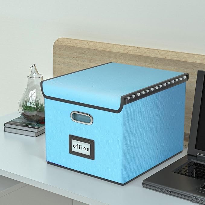 Huolewa Portable File Organizer Box Office Document Storage with Lid, Linen Hanging Filing Storage Boxes, Decorative Home/Office Filing System for File and Folders Storage (Sky-blue)-DeskLoop Office