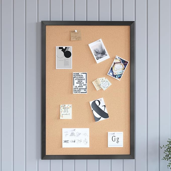 HBCY Creations Wall Mount Black Cork Board - 24" W x 36" H - 6 Wooden Push Pins - Solid Pine Wood Frame - for Kitchen, Classrooms, Restaurant Menus and More!-DeskLoop Office
