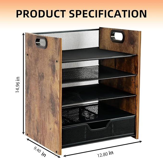 Wood Desk Organizer - 5-Tier Desktop File Organizer with Drawer, Wooden Paper Tray, Office Desk Organzier and Accessories for Papers, Mail, Notebooks, Stationery-DeskLoop Office