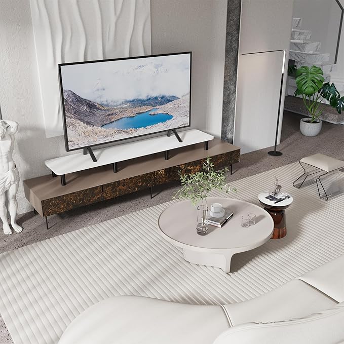 Dual Monitor Stand Riser 43.7 inch Large Extra Long Monitor Stand Riser Wide TV Stand Riser Monitor Stand for 2 Monitors Wood & Steel Leg Desktop Riser Desk Organization Home Office (White)-DeskLoop Office