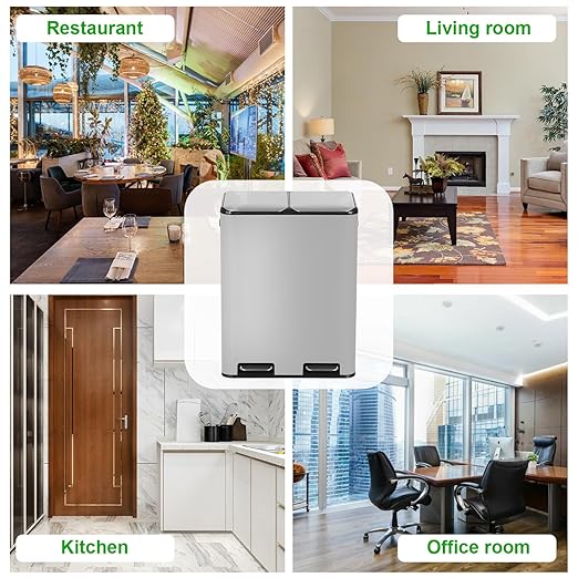 PayLessHere Trash Can, 16 Gallon (2x8G) 60 Liter Rectangular Trash Cans Stainless Steel Step Trash Can with Inner Buckets and Hinged Lids, Suitable for Kitchen Office Home Use,Silver-DeskLoop Office