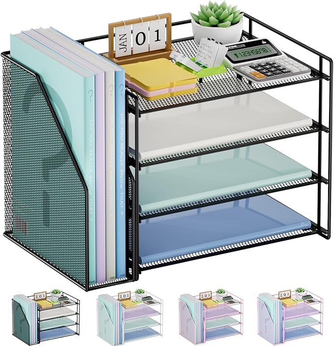 Marbrasse Desk Organizer and Accessories,4-Tier Paper Letter Tray Organizer with File Holder,Desk Accessories & Workspace Desktop Organizers for School Home Office Supplies (Black)