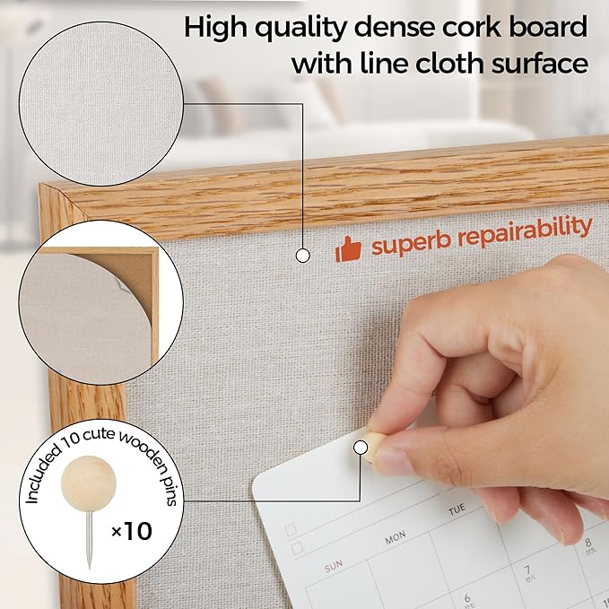 Fun Memories Cork Board Bulletin Board for Office, 20" x 30" Oak Wooden Framed Corkboard, Wall Mounted Notice Pin Board for School Home & Office, Natural Wood-DeskLoop Office