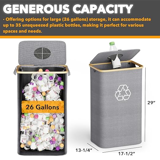 SpaceAid Recycling Bin for Kitchen 26 Gallon, 100L Recycle Bin with Lid and 2 Reusable Inner Bags, for Bottle Can Glass Plastic Stickers, Grey-DeskLoop Office