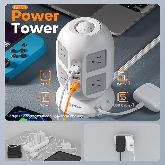 Tower Power Strip Surge Protector 10 Ft, TESSAN Flat Plug Extension Cord with Multiple Outlets, 8 AC Outlets, 4 USB Ports, 1 Built-in USB Cable, Desk Charging Station for Home Dorm Office-DeskLoop Office