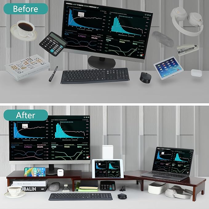 Nnewvante Monitor Stand Riser, Upgrade Height Large TV Riser, 60 inch Large Bamboo Dual Monitor Stand for Desk, 3 Shelves Desktop Screen Riser with Adjustable Length Angle for Computer Laptop Walnut-DeskLoop Office