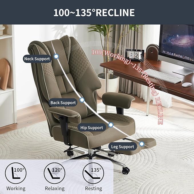 Big and Tall Office Chair 400lbs Wide Seat, Leather High Back Executive Office Chair with Foot Rest, Ergonomic Chairs Lumbar Support for Lower Back Pain Relief (Mesh Light Green)-DeskLoop Office