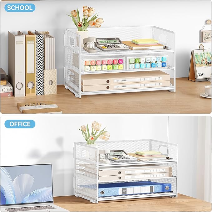 Subekyu 3 Tier Letter Tray Paper Organizer with Handle, 1 PC Sliding Tray, White Metal Mesh Desk File Folder Paper Sorter Organizer for Home Office School Desk Supplies Organization Storage-DeskLoop Office