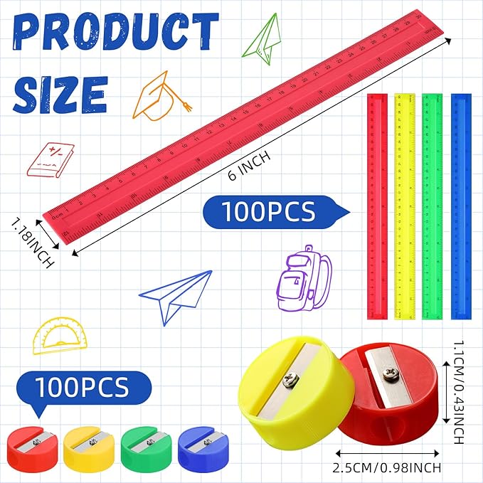 100 Pcs Plastic Rulers and 100 Pcs Mini Round Manual Pencil Sharpener Bulk, 4 Assorted Colors Pocket Sized Pencil Sharpeners Colorful Straight Ruler Back to School Supplies for Kids (Novel,12 Inch)-DeskLoop Office
