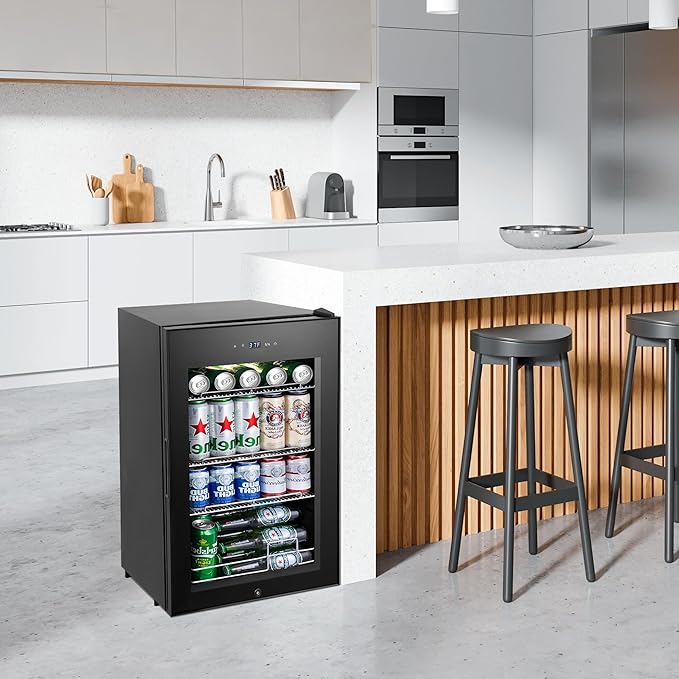 Beverage Refrigerator Cooler, 17 Inch 120 Cans Freestanding Mini Fridge with Glass Door, Adjustable Shelves and LED Light, Small Drink Fridge Counter-top Beer Fridge for Bedroom Office Bar-DeskLoop Office