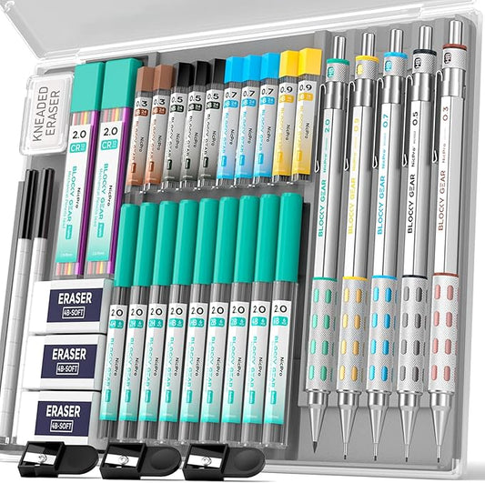 Nicpro 36PCS Blocky Gear Mechanical Pencil Set with Case, Metal Mechanical Pencils 0.3, 0.5, 0.7, 0.9, 2mm Lead Holder for Art Drawing Sketching with 21 Tubes (6B 4B 2B HB 2H 4H Colors) Lead Refills-DeskLoop Office