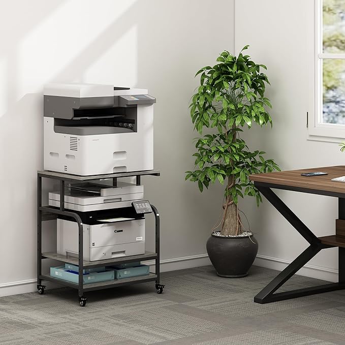 Large Printer Stand Table 23.6 x18.9 x 30 Inches with Height Adjustable Storage Shelf, 3 Tier Rolling Printer Cart with Wheels for Home Office, Gray-DeskLoop Office